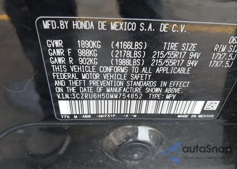 2021 Honda Hr-V Awd Ex z USA, uszkodzony, nr VIN 3CZRU6H50MM754852
